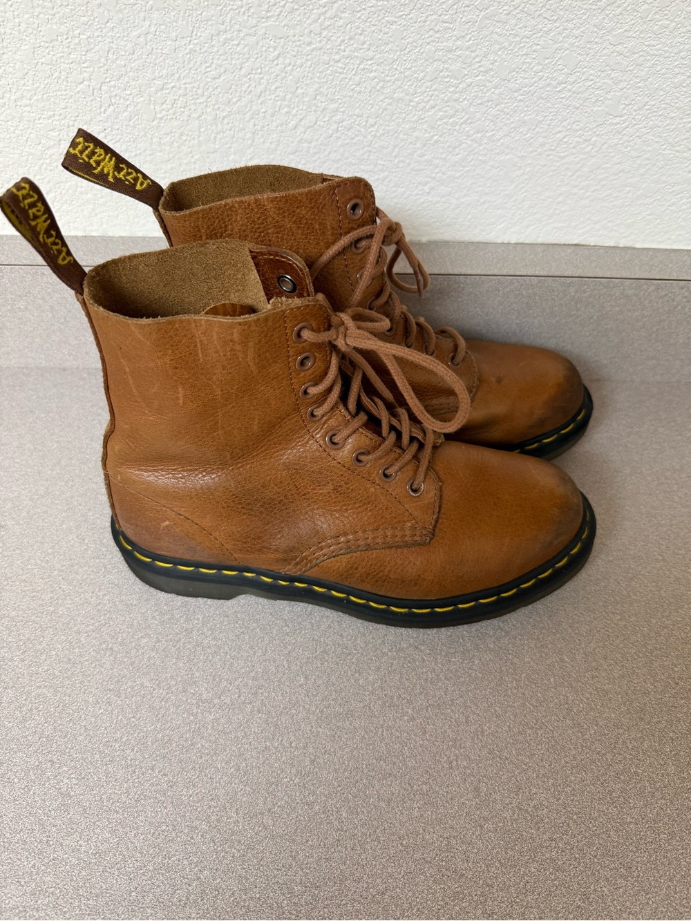 Dr. Martens Tan Lace-Up Leather Boots with Yellow Stitching